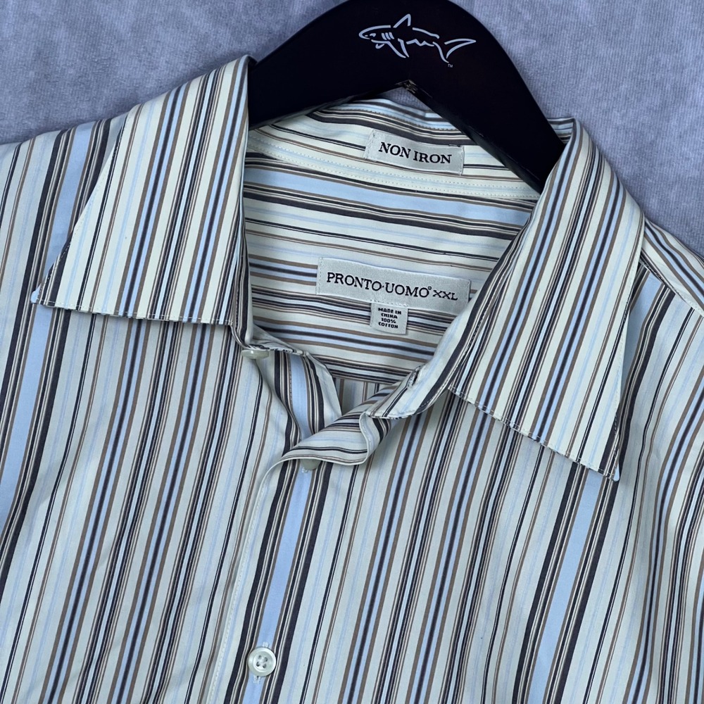Pronto Uomo Non Iron Shirt Mens‎ XXL Blue Brown Striped Long Sleeve Button Down